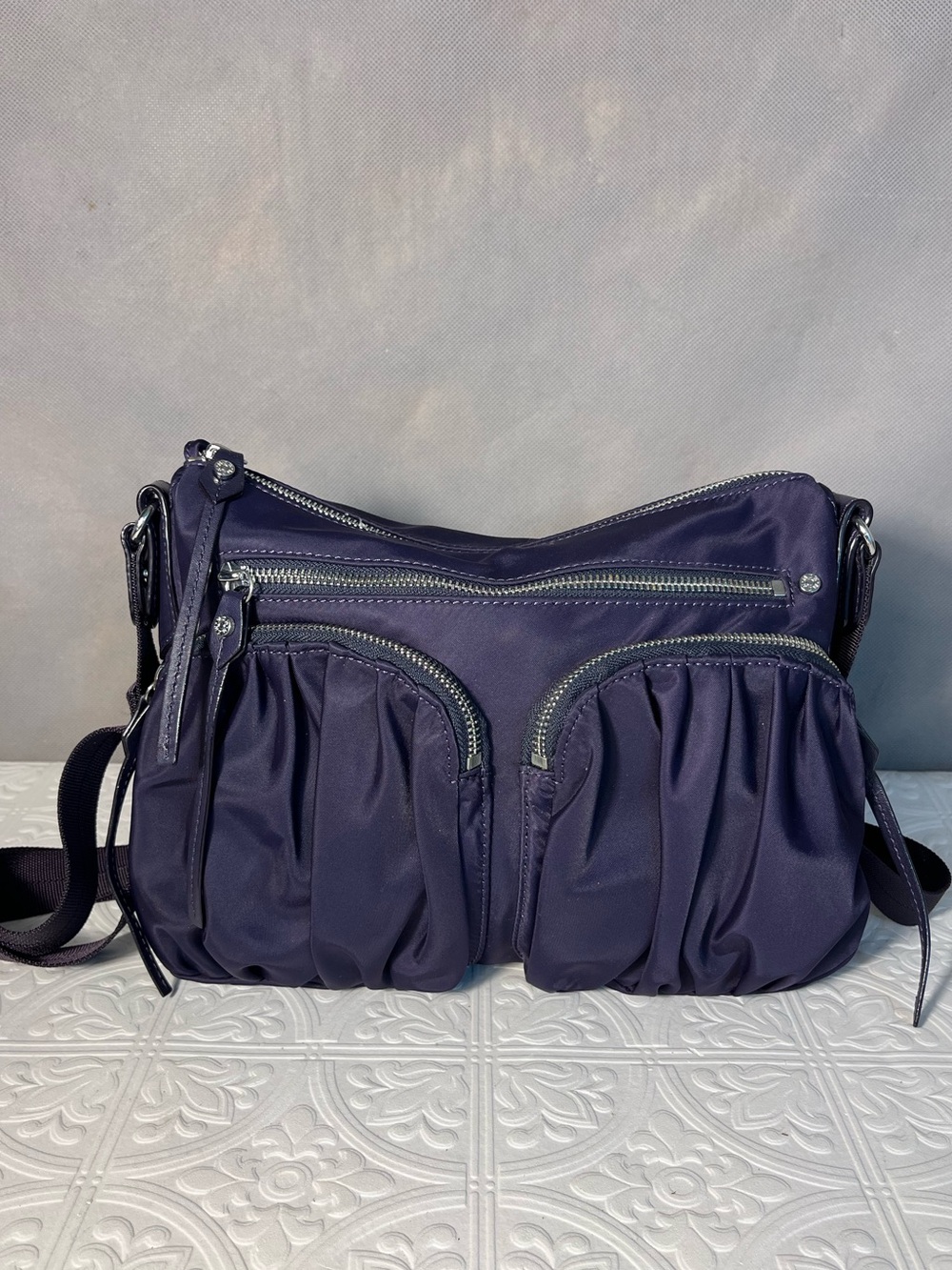 MZ Wallace Paige Bedford Nylon Crossbody Bag Eggplant Purple Silver Hardware - Picture 3 of 10